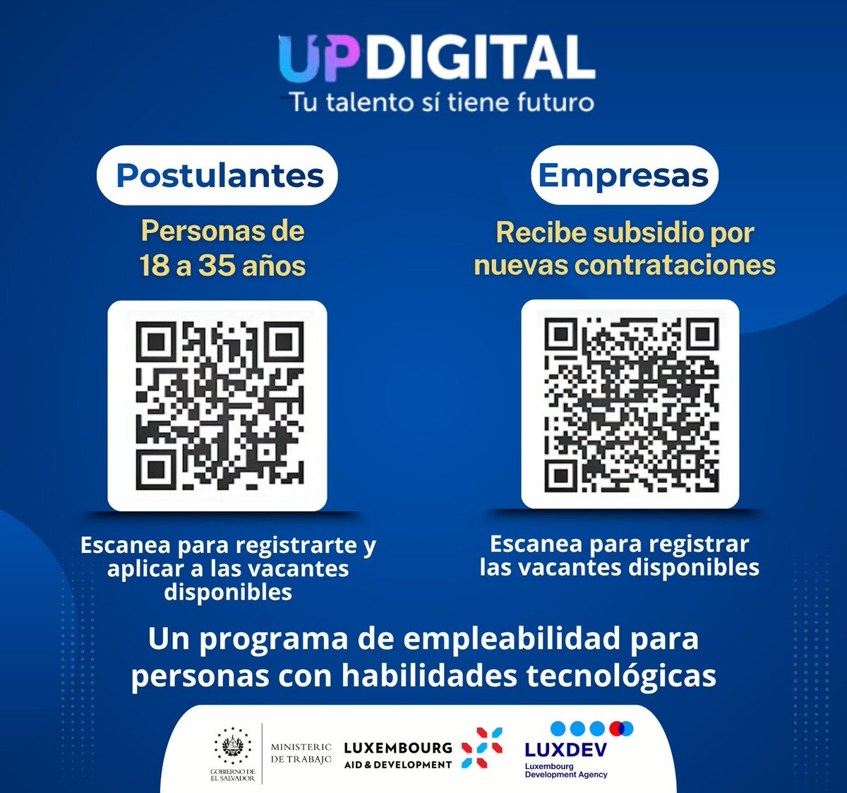 Impulsamos oportunidades reales para nuestra población.

Con el programa #UpDigital abrimos puertas a personas con habilidades digitales entre los 18 y 35 años.

Conectándolas con empresas que buscan talento preparado para el presente y el futuro.

Además, apoyamos a las empresas