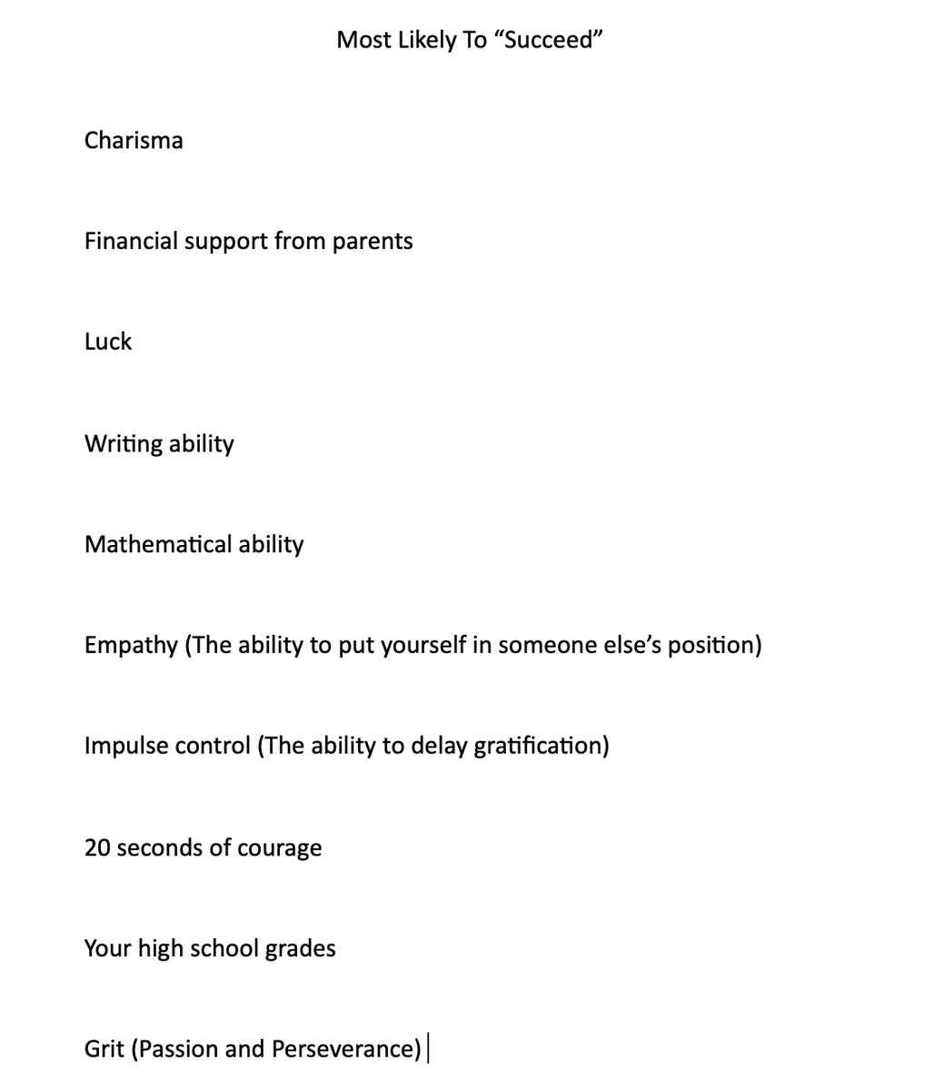 GowagsKyle's tweet image. I asked my students (12th graders) which quality, in their opinion, has the highest and lowest correlation to "success." 

Highest: Grit, Empathy and Impulse control

Lowest: High school grades and Mathematical ability. 

#MathTeacher
