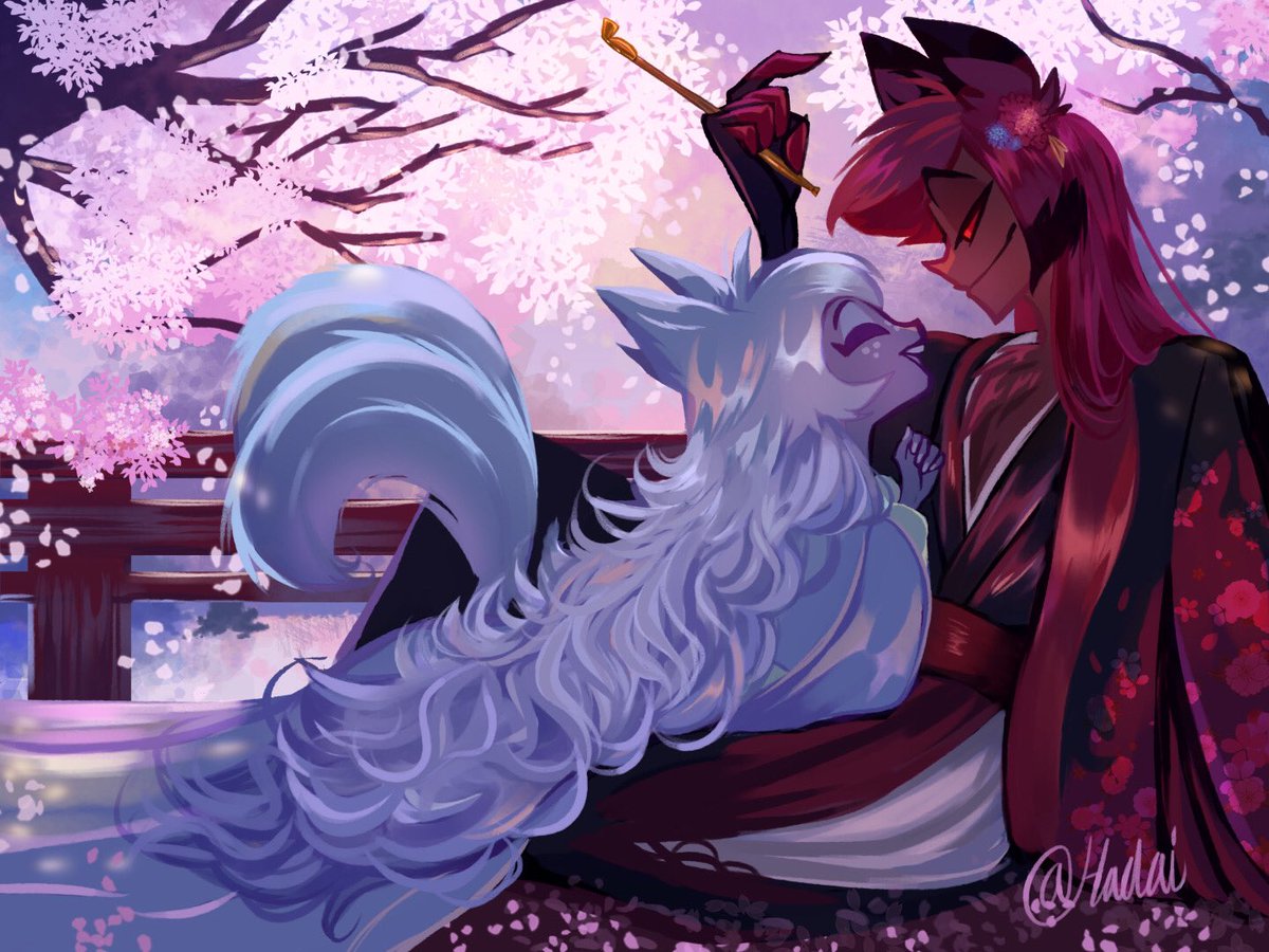 HadaiChan's tweet image. 🌸 A secret meeting 🌸
For my 🦌🪽 spring piece, I bring to you Kitsune Emily x Deer Demon Alastor! Thank you again for 2K follows! 💖✨ #radiojoy #angelicsmile