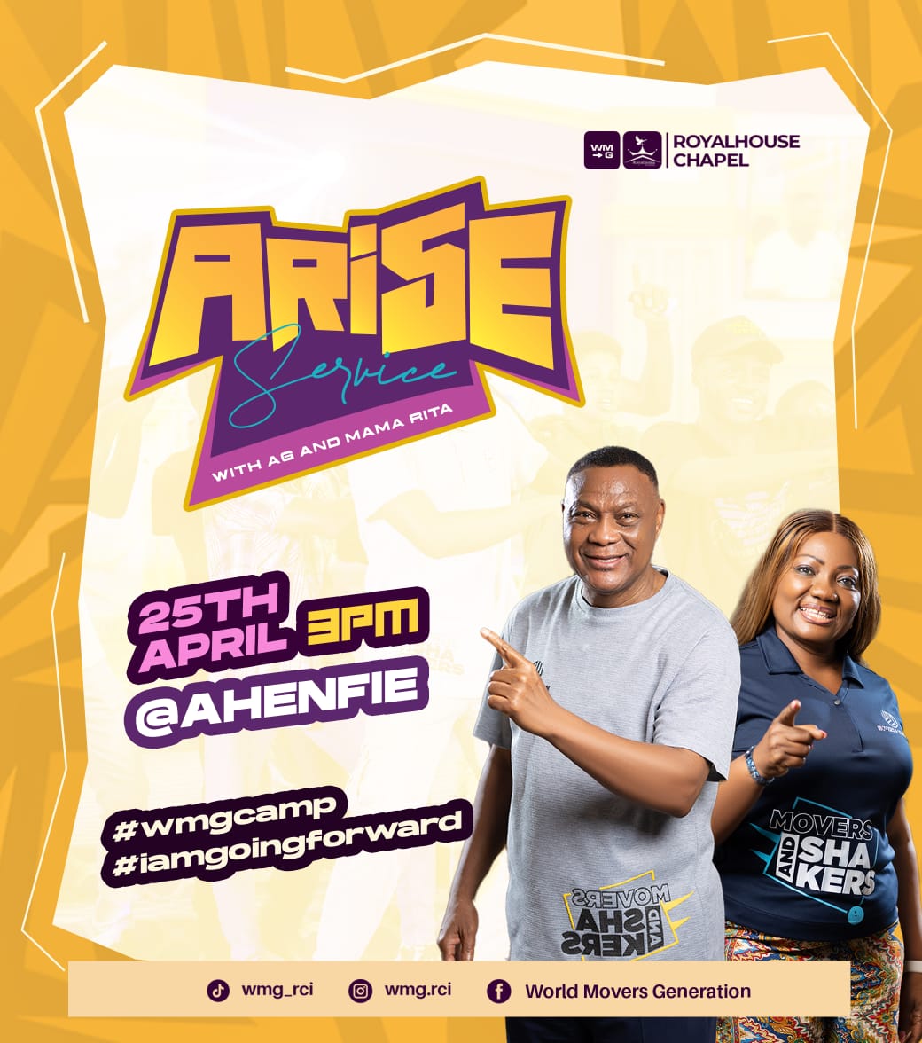 RoyalHseChapel's tweet photo. Get ready to level up! The *ARISE Service with the Apostle General &amp; Mama Rita* is happening on Saturday, April 25th, at 3:00 PM! 🕒

​We’re gathering at AHENFIE for an afternoon of explosive worship, deep connection, and the kind of energy that changes your whole trajectory. https://t.co/Iq9iCB7L4Z