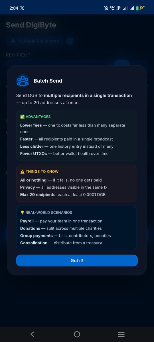 DennisOragon's tweet image. Why send 20 transactions when you can send 1? 📤
Just added Batch Send to DGB Wallet — pay up to 20 recipients in a single broadcast

one fee. one history entry. done. 🎉

v0.3.0.beta. is now live at dgbwallet.app — hit update if you already have it installed 🔄

#DGB