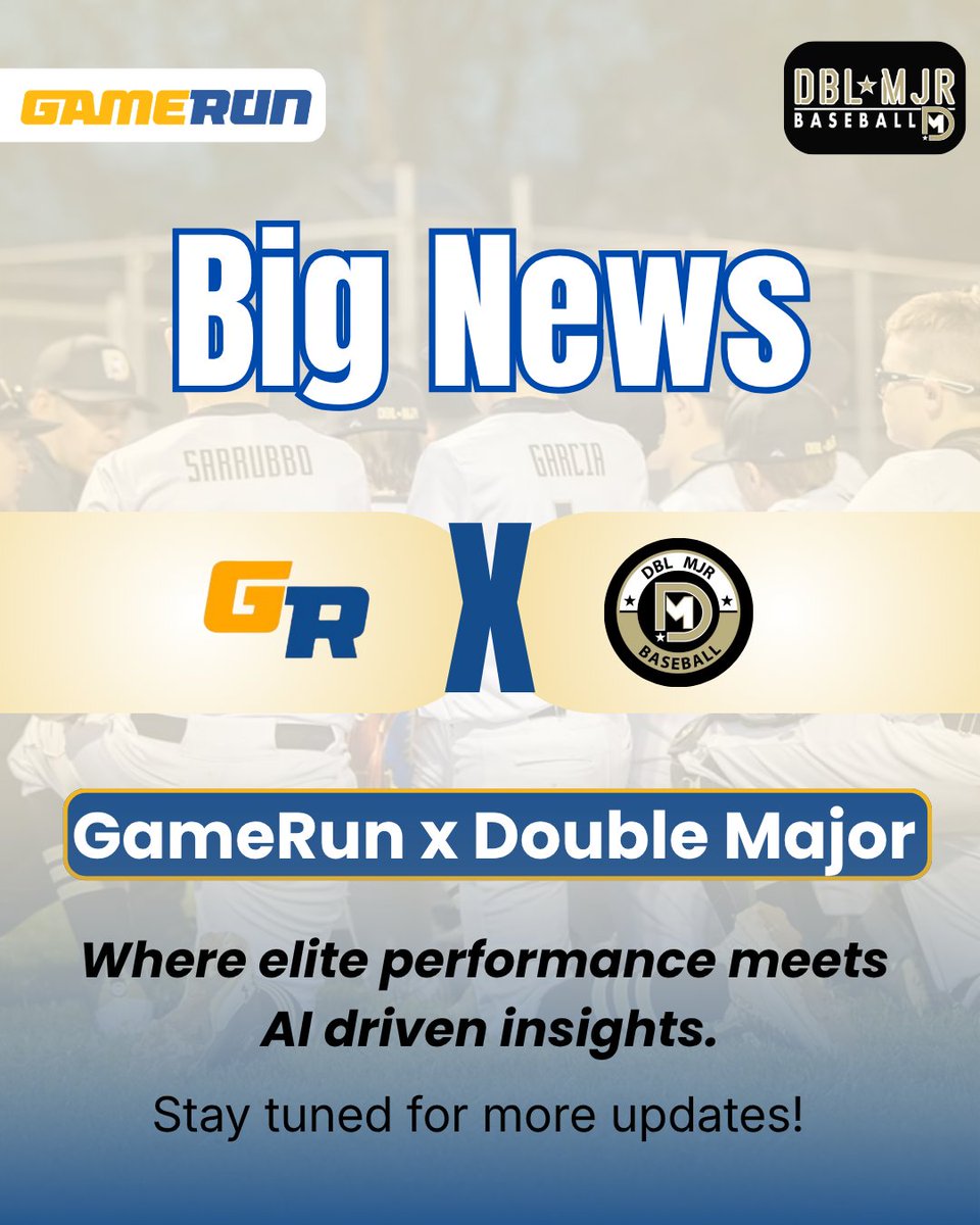 Big news in baseball development. 

GameRun x Double Major is bringing data-driven insights to coaches, teams &amp; organizations - turning gameplay into smarter decisions and better performance.

Stay tuned - this is just the beginning!

#Baseball #GameRunAI #NewAnnouncement