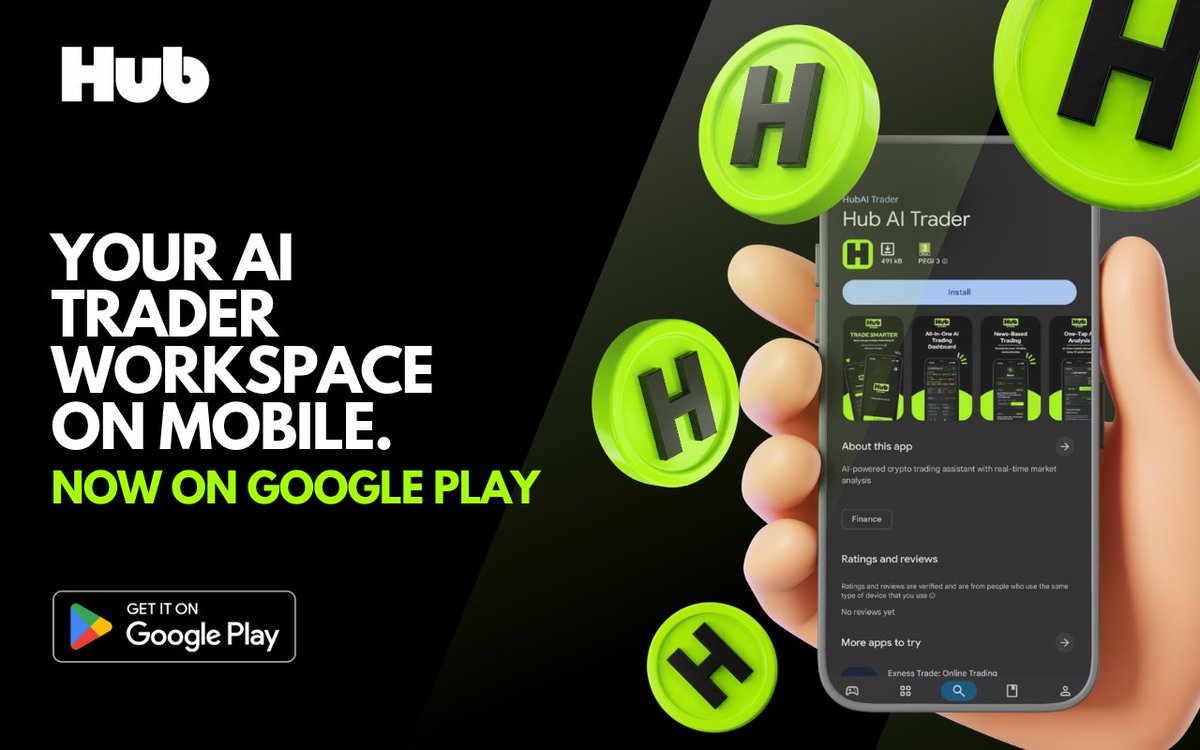 hubaitrader's tweet photo. The wait is over. Hub AI Trader is officially live on Google Play. 🟢

Take your AI-powered trading workspace anywhere. Real-time market analysis and defined strategies, now directly in your pocket.

Download now and upgrade your mobile trading: 
📲 https://t.co/2UoAP0cOVj https://t.co/GOQvvnqGql