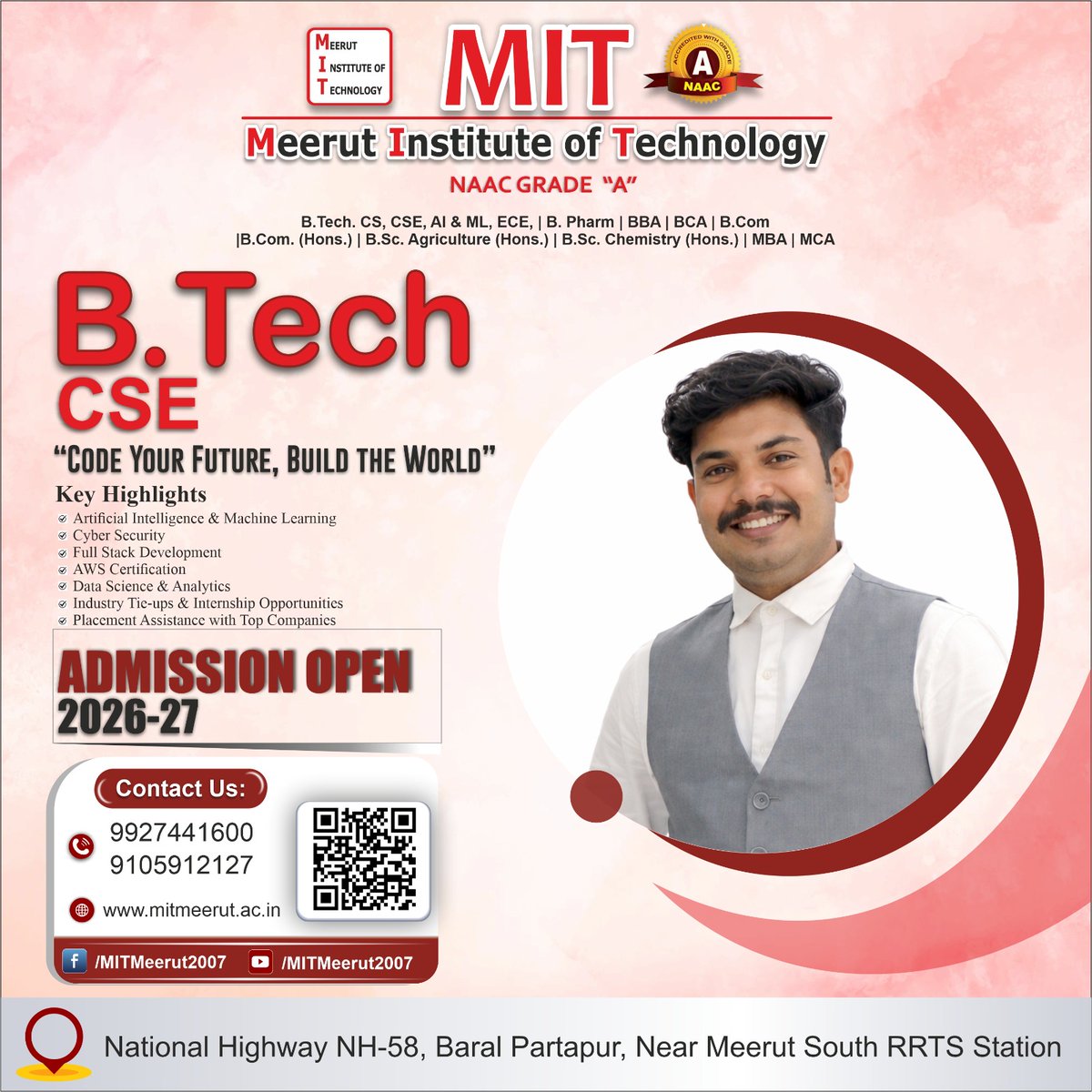 MITMeerut07's tweet photo. 🚀 Admission Open 2026–27 | https://t.co/7WbVfDbte3 CSE
Code your future with Meerut Institute of Technology 💻
🎯 Learn. Build. Innovate. Succeed.
#AdmissionOpen #BTechCSE #MITMeerut #EngineeringLife #CodeYourFuture #TechCareers #AI #CyberSecurity #FullStackDeveloper  #Meerut https://t.co/0FYlUjXUZX