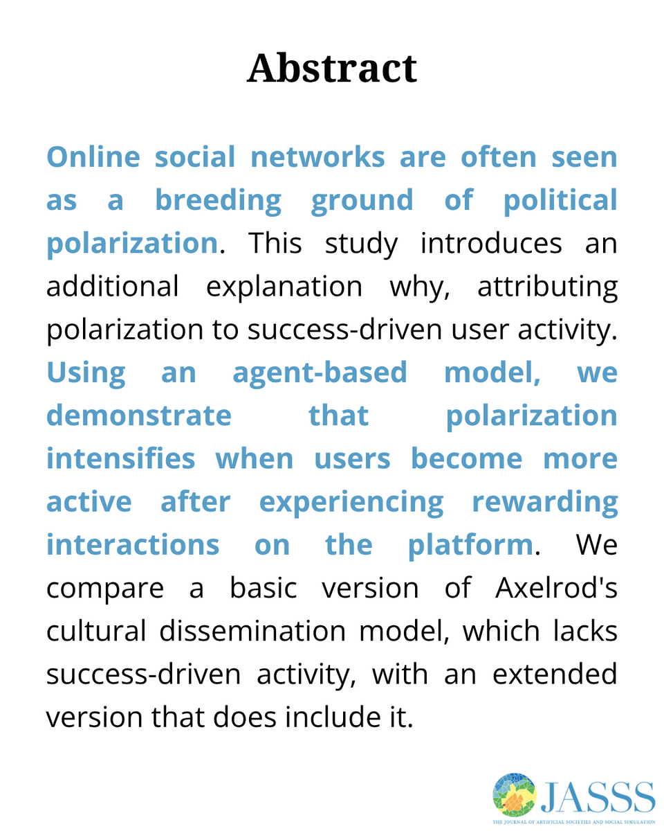JASSSJournal's tweet image. No algorithms, no biased media, no hostile users — yet #polarization still emerges. A new #ABM study extending Axelrod's model shows how rewarding interactions alone fuel a self-reinforcing "rich-get-richer" dynamic.

Read the full #OA article in #JASSS: jasss.org/29/2/1.html