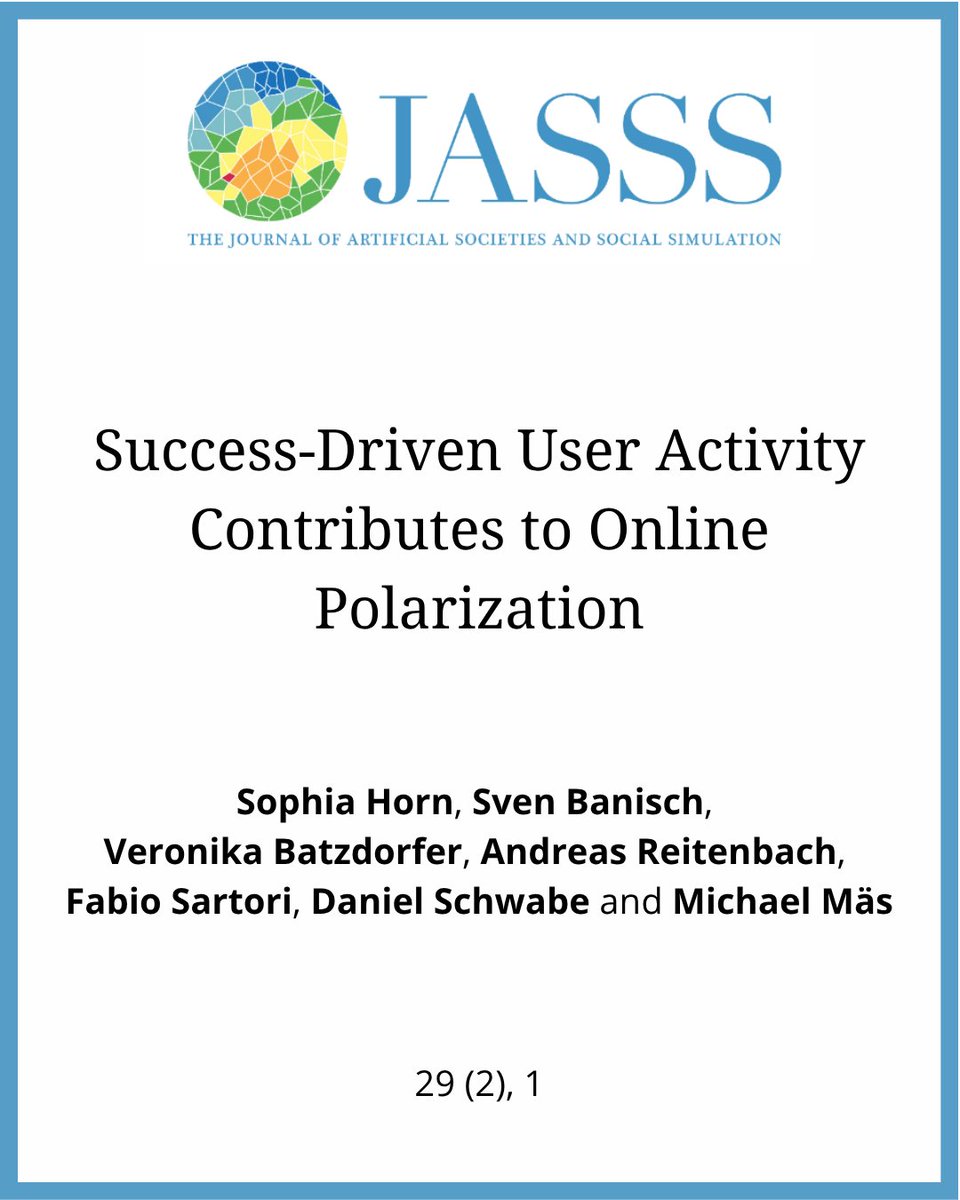 JASSSJournal's tweet image. No algorithms, no biased media, no hostile users — yet #polarization still emerges. A new #ABM study extending Axelrod's model shows how rewarding interactions alone fuel a self-reinforcing "rich-get-richer" dynamic.

Read the full #OA article in #JASSS: jasss.org/29/2/1.html