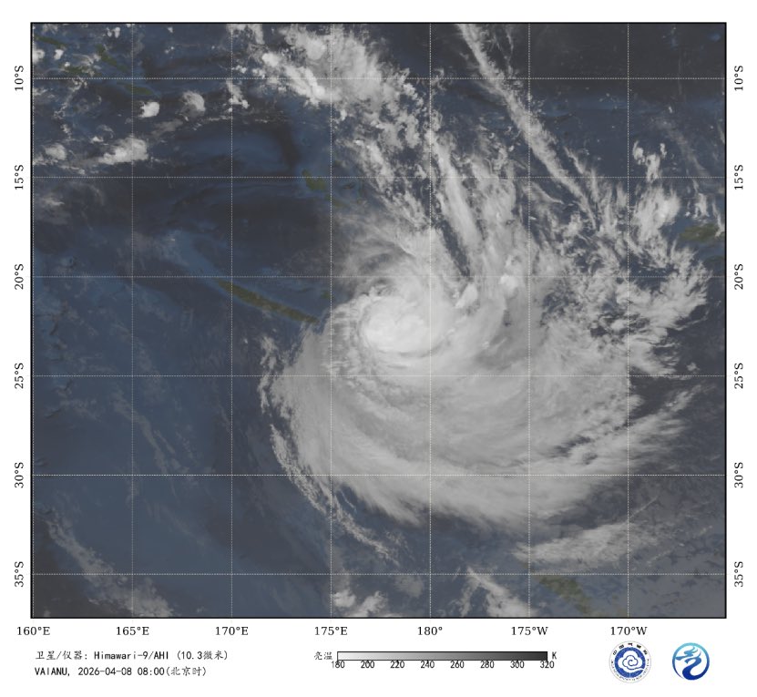 cmanewsinfocus's tweet image. At 08:00 on April 8 (Beijing Time), #Tropical Cyclone #VAIANU had maximum sustained winds of 33 m/s and a central pressure of 970 hPa.

#VAIANU is forecast to move southeastward at a speed of about 20 km/h, gradually weakening.

#GlobalWeather