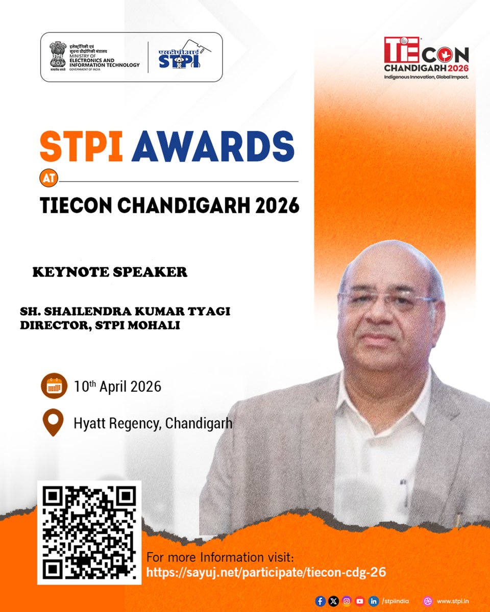 STPIMohali's tweet photo. Sh. Shailendra Tyagi, Director @STPIMohali , will deliver Keynote address during #STPIAwards at #TiECONChandigarh2026! Don’t miss his insights on how digital infrastructure & innovation are powering tech ecosystem. @arvindtw @Shail2108
📅10 April 2026
📍Hyatt Regency, Chandigarh https://t.co/mS6gaBh7Ch