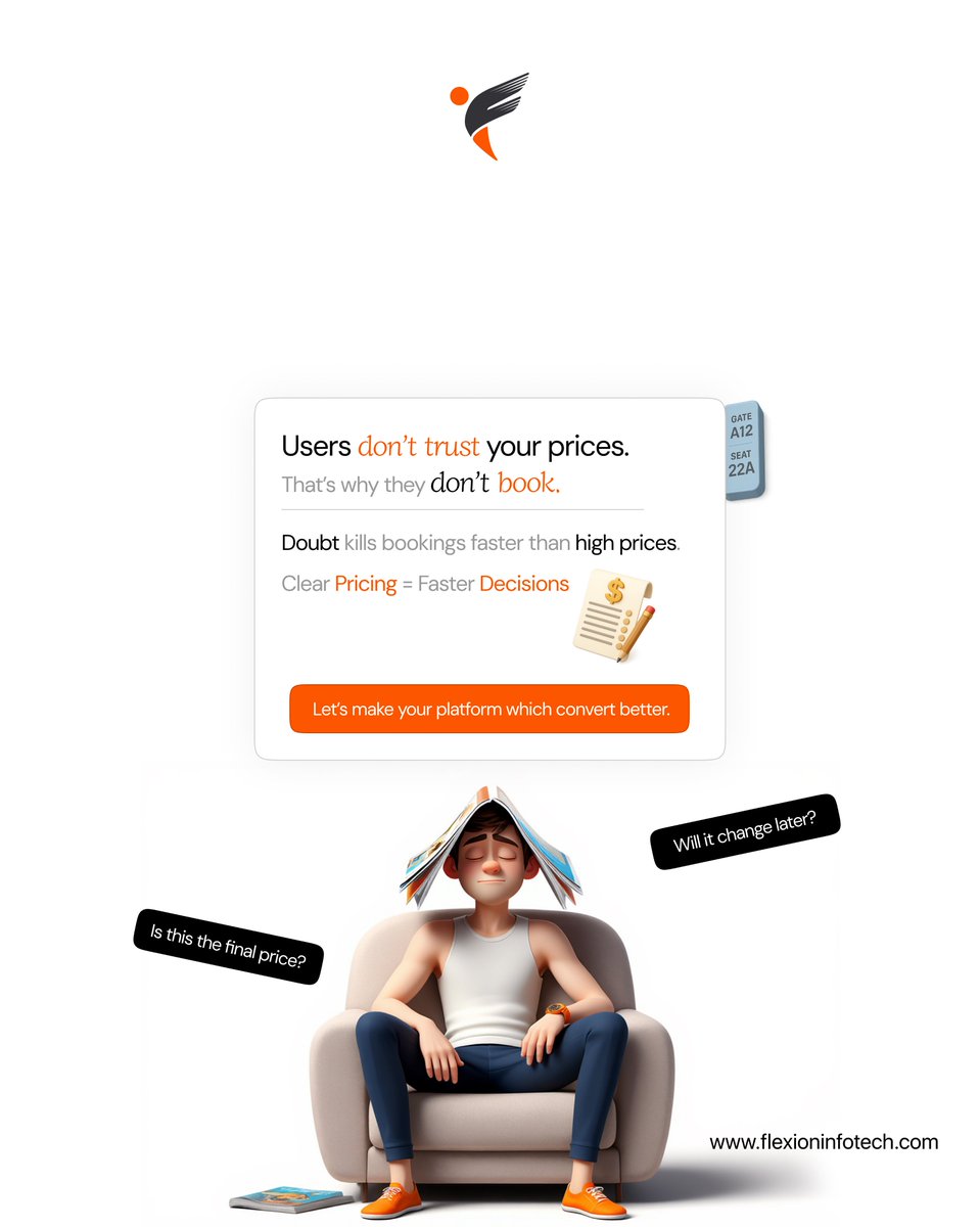 flexion_info's tweet image. If your users doubt the price, they won’t book.
Clear, upfront pricing builds trust and boosts travel app conversions instantly.
Remove the doubt → increase the bookings.

#flexioninfotech #travelapp #pricingstrategy #conversionboost #digitaltrust