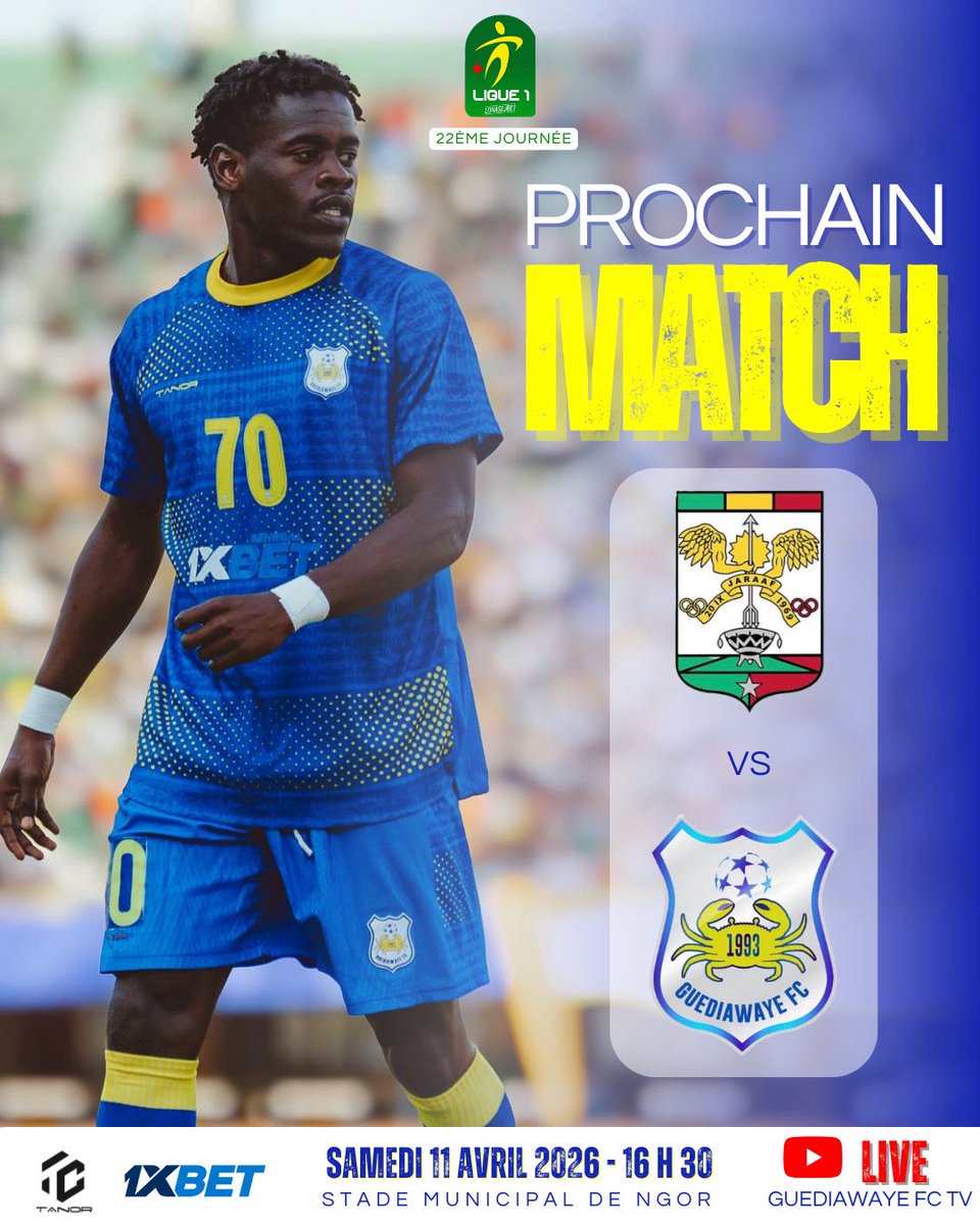 fc_guediawaye's tweet photo. P R O C H A I N   M A T C H 🟡🔵✌🏾

🗓️ SAMEDI 11 AVRIL 2026
📍 STADE MUNICIPAL DE NGOR
🆚 ASC JARAAF
⌚️ 16 H 30
⚽️ LIGUE 1 PRO - 22ÈME JOURNÉE
#guediawayefc #Ligue1SN #AllezLesCrabes #JRFGFC https://t.co/Aa9ZP3e5tY