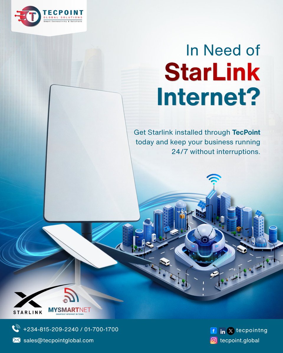 tecpoint_ng's tweet photo. Stay connected without limits 🚀
Power your home or business with fast, reliable Starlink internet—installed seamlessly by TecPoint Global Solutions.
No downtime. No stress. Just speed. 🌐✨
#StarlinkNigeria #FastInternet #UnlimitedInternet #BroadbandNigeria #InternetService https://t.co/8K2Jv8dLoN