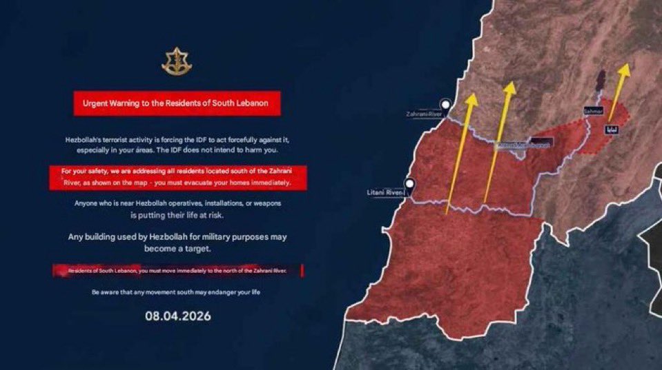 EthanLevins2's tweet photo. Israel says Lebanon is not Included in the ceasefire. This is a LIE, as Pakistan’s announcement mentions Lebanon directly. 
 
IDF invaders are continuing bombings and invasion, ordering evacuations for 1M+ people. 

Netanyahu is upset that he was not included in negotiation, so he’s taking out his wrath on Lebanon.