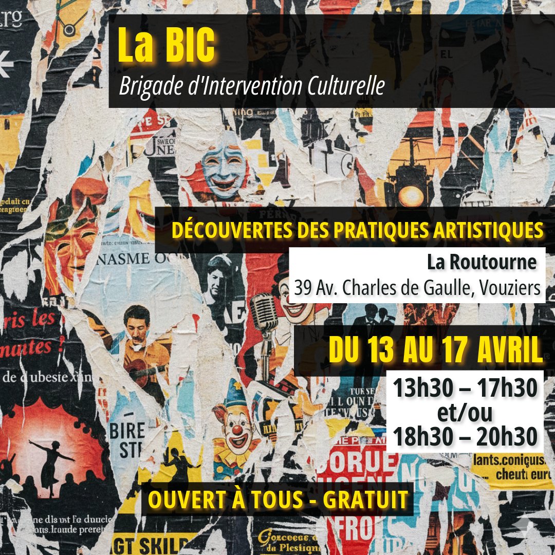 bronca_asso's tweet photo. 🎭 La BIC arrive à #Vouziers !

Une semaine de création collective avec une dizaine d’artistes + ateliers ouverts à tous 🎨

📍 La Routourne
📅 13–17 avril
🕐 13h30–17h30 / 18h30–20h30
✨ Gratuit

Créer, expérimenter, partager dans l’espace public 💥
#LaBrigade #Arts #Ardennes https://t.co/d1ifqOCFcr