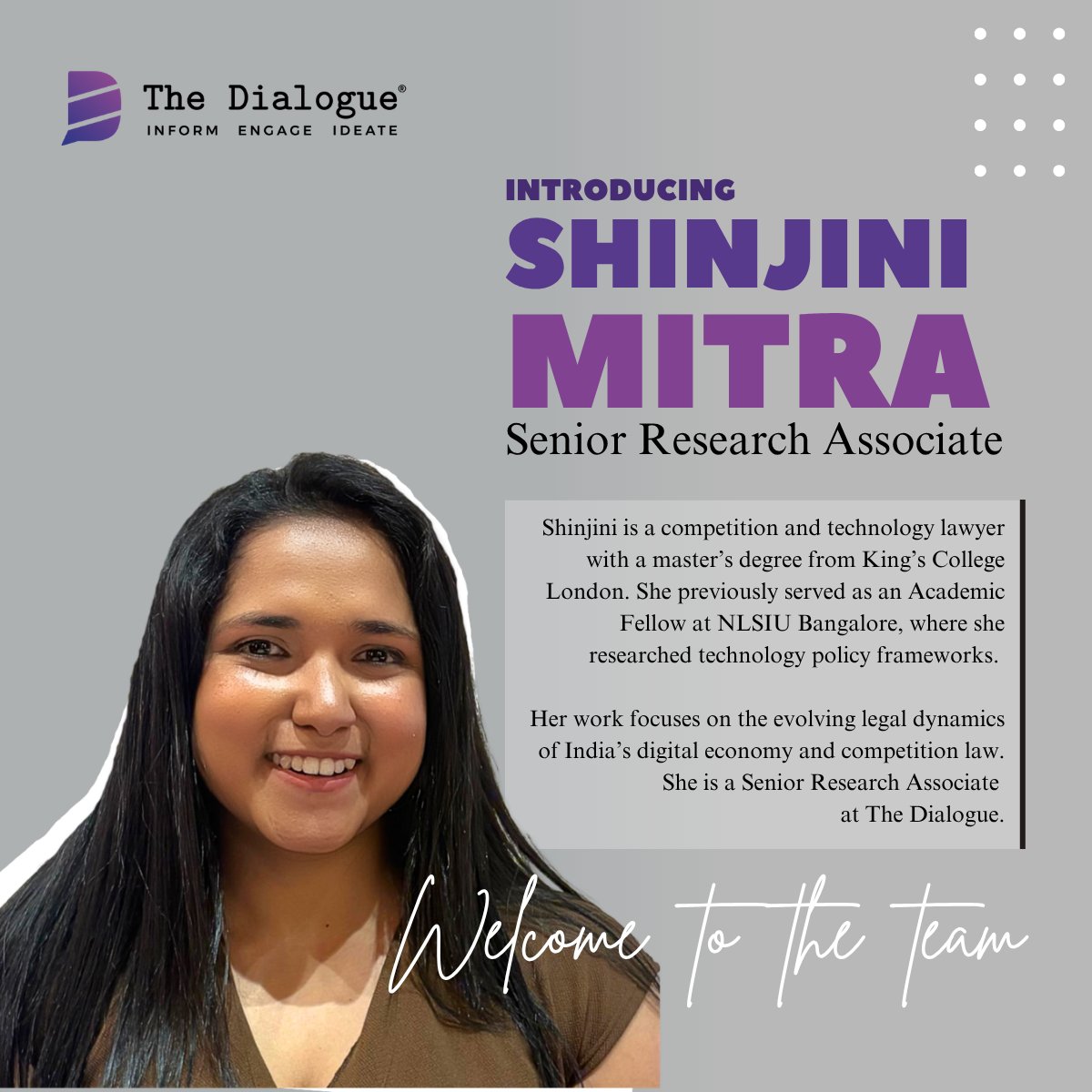 _DialogueIndia's tweet image. 🚨 #Announcement
𝗪𝗲 𝗮𝗿𝗲 𝗱𝗲𝗹𝗶𝗴𝗵𝘁𝗲𝗱 𝘁𝗼 𝘄𝗲𝗹𝗰𝗼𝗺𝗲 𝗦𝗵𝗶𝗻𝗷𝗶𝗻𝗶 𝗠𝗶𝘁𝗿𝗮 𝗮𝘀 𝗮 𝗦𝗲𝗻𝗶𝗼𝗿 𝗥𝗲𝘀𝗲𝗮𝗿𝗰𝗵 𝗔𝘀𝘀𝗼𝗰𝗶𝗮𝘁𝗲 𝗮𝘁 𝗧𝗵𝗲 𝗗𝗶𝗮𝗹𝗼𝗴𝘂𝗲.

Shinjini is a competition and technology lawyer with a master’s degree from 𝗞𝗶𝗻𝗴’𝘀