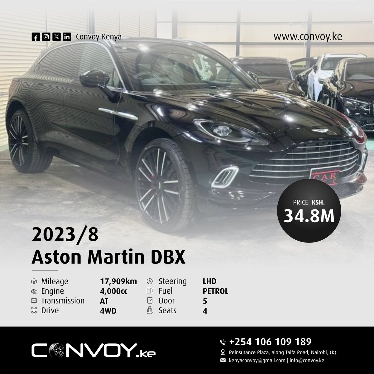 Convoy_kenya's tweet image. Luxury Redefined – Aston Martin DBX 2023
Command the road with power, elegance, and prestige. The Aston Martin DBX isn’t just an SUV — it’s a statement of success and class 👑
Total Landing Cost: Ksh. 34,800,000
#AstonMartin #DBX #LuxuryCarsKenya #CarDealsKE #DreamCar #StayElite
