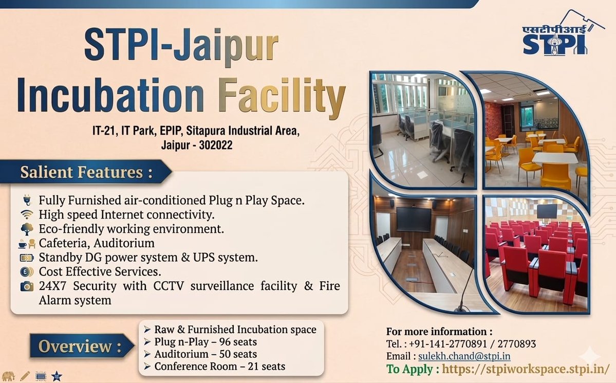 StpiJpr's tweet image. The state-of-the art incubation facility @StpiJpr offers Raw, Furnished &amp;amp; Plug-n-Play Space, serving as a catalyst by delivering affordable services to #Startups and IT/ITes industries.
To know more visit stpiworkspace.stpi.in
#GrowWithSTPI
@arvindtw
@guptaa_sanjay
@er_ashokg