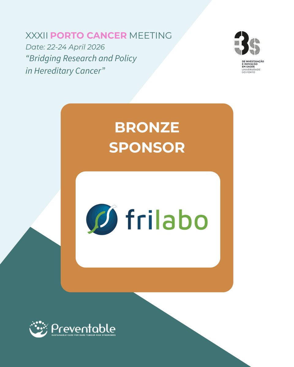 Preventable_EU's tweet photo. ✨ Bronze Sponsor Spotlight

We are pleased to recognise Frilabo as a Bronze Sponsor of the XXXII Porto Cancer Meeting.

📍 Porto, Portugal
🗓 22–24 April 2026

#Preventable #PortoCancerMeeting #BronzeSponsor #RareTumourRiskSyndromes #RTRS #RareDiseases #CancerResearch https://t.co/OaP5FuWPnA