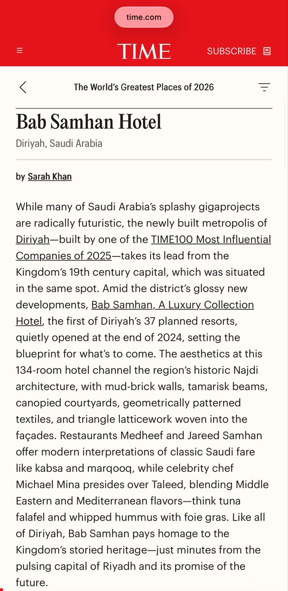 فخور بوجود فندق باب سمحان في الدرعية ضمن قائمة مجلة TIME لأعظم أماكن العالم لعام 2026 

time.com/collection/wor…