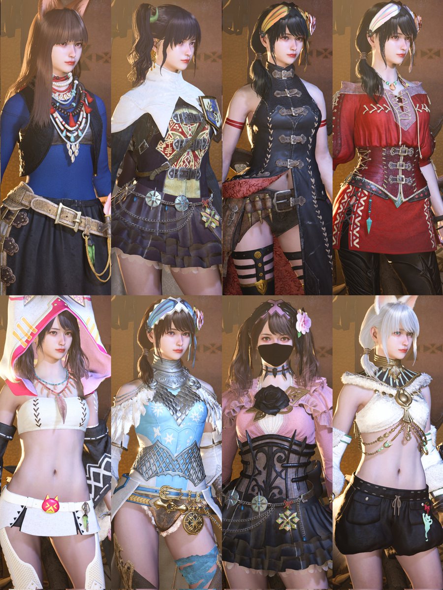 最近考えた重ね着一覧です。上段はアニメキャラのコスプレ風に纏めてみました😂

#MHWilds #モンハンワイルズ重ね着  #モンハンワイルズ