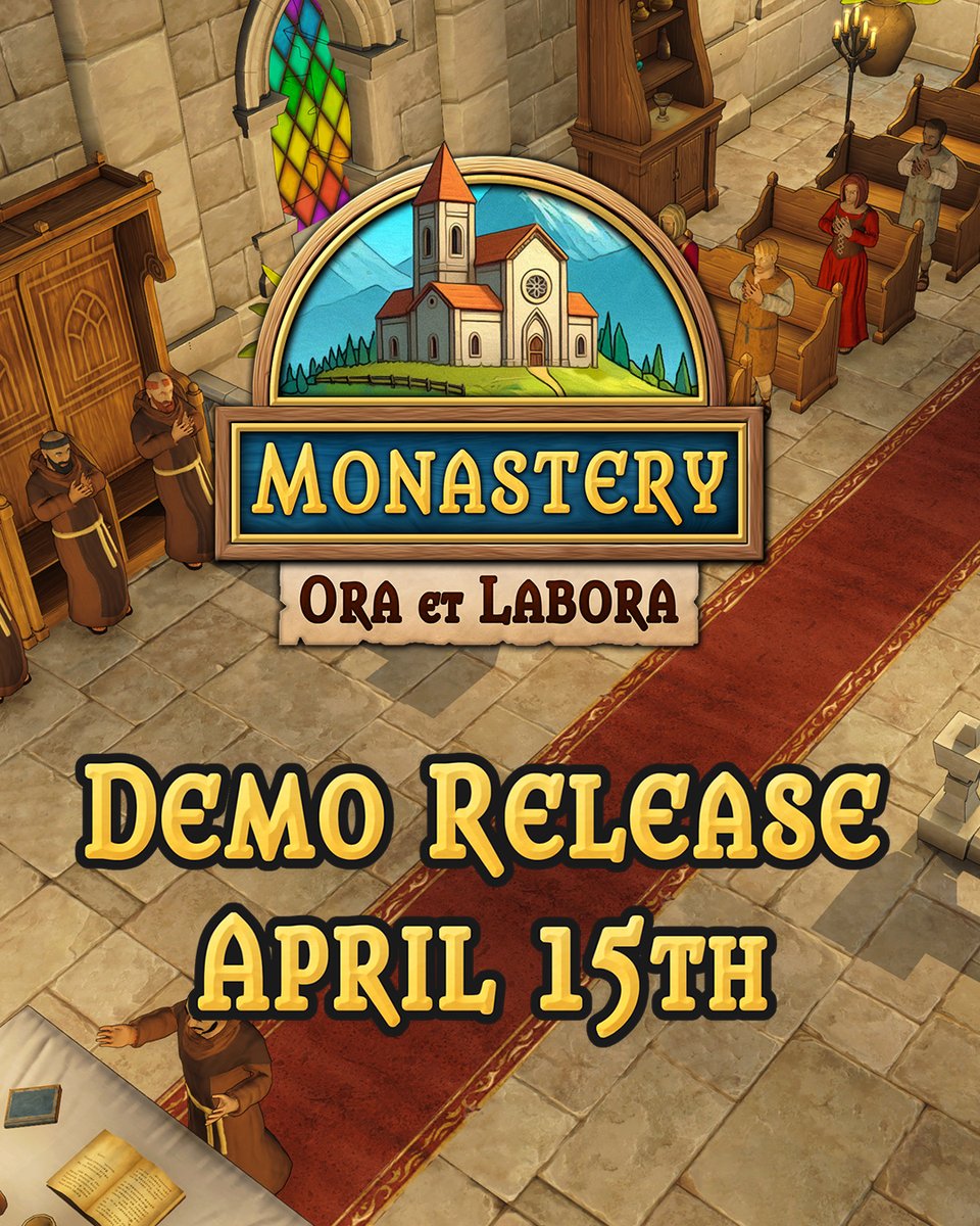 The gates open soon! ⛪️The free #demo for Monastery: Ora et Labora arrives on April 15th on #Steam. Don’t forget to wishlist the #game!
