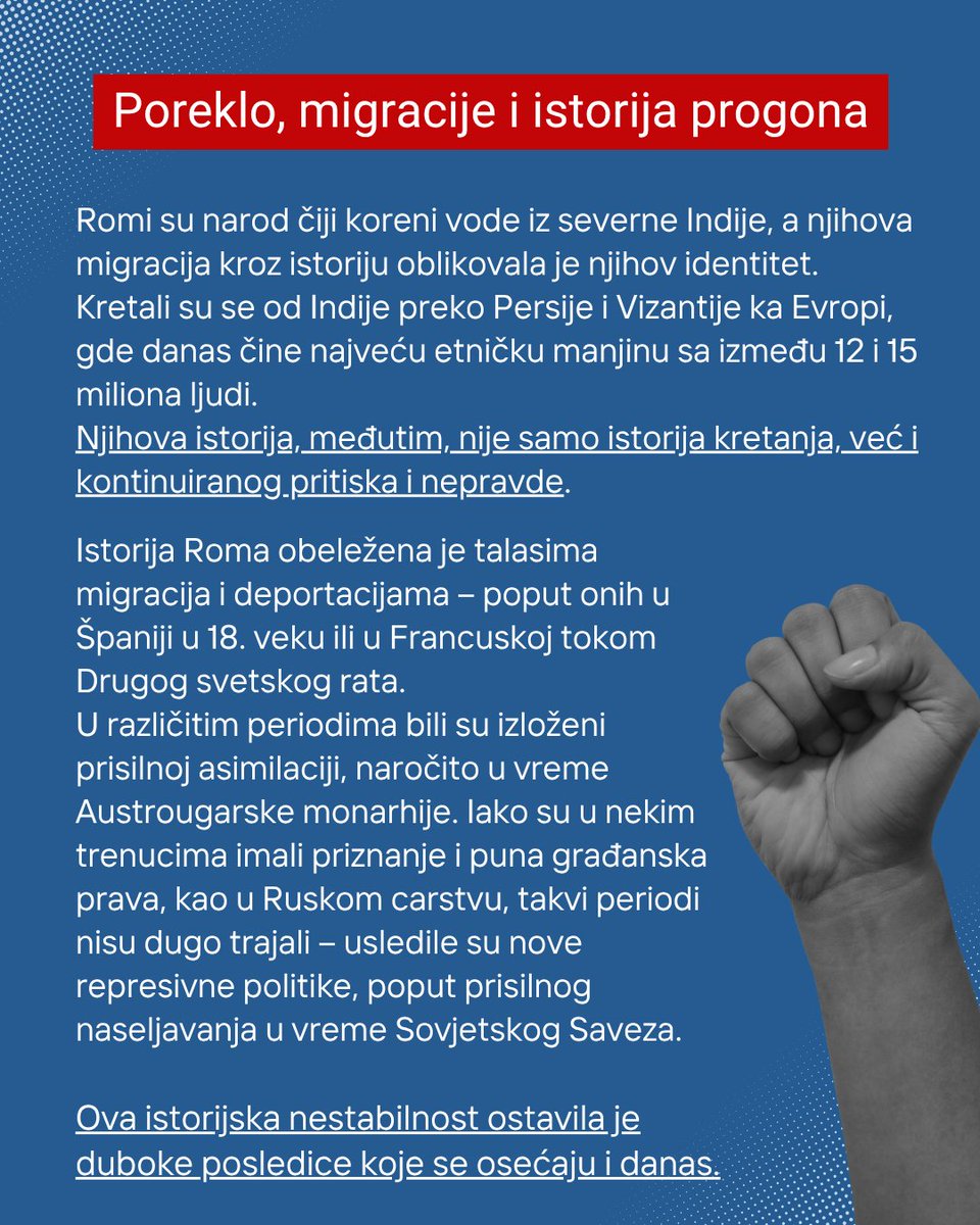 GradjanskiCenSr's tweet photo. April 8 – International #Roma Day.
A reminder of historical suffering and ongoing challenges: poverty, discrimination, inequality.
#Equality must be reality, not just an idea. ✊
#InternationalRomaDay #HumanRights #RomaRights #gcs https://t.co/ia8Dw08rxh