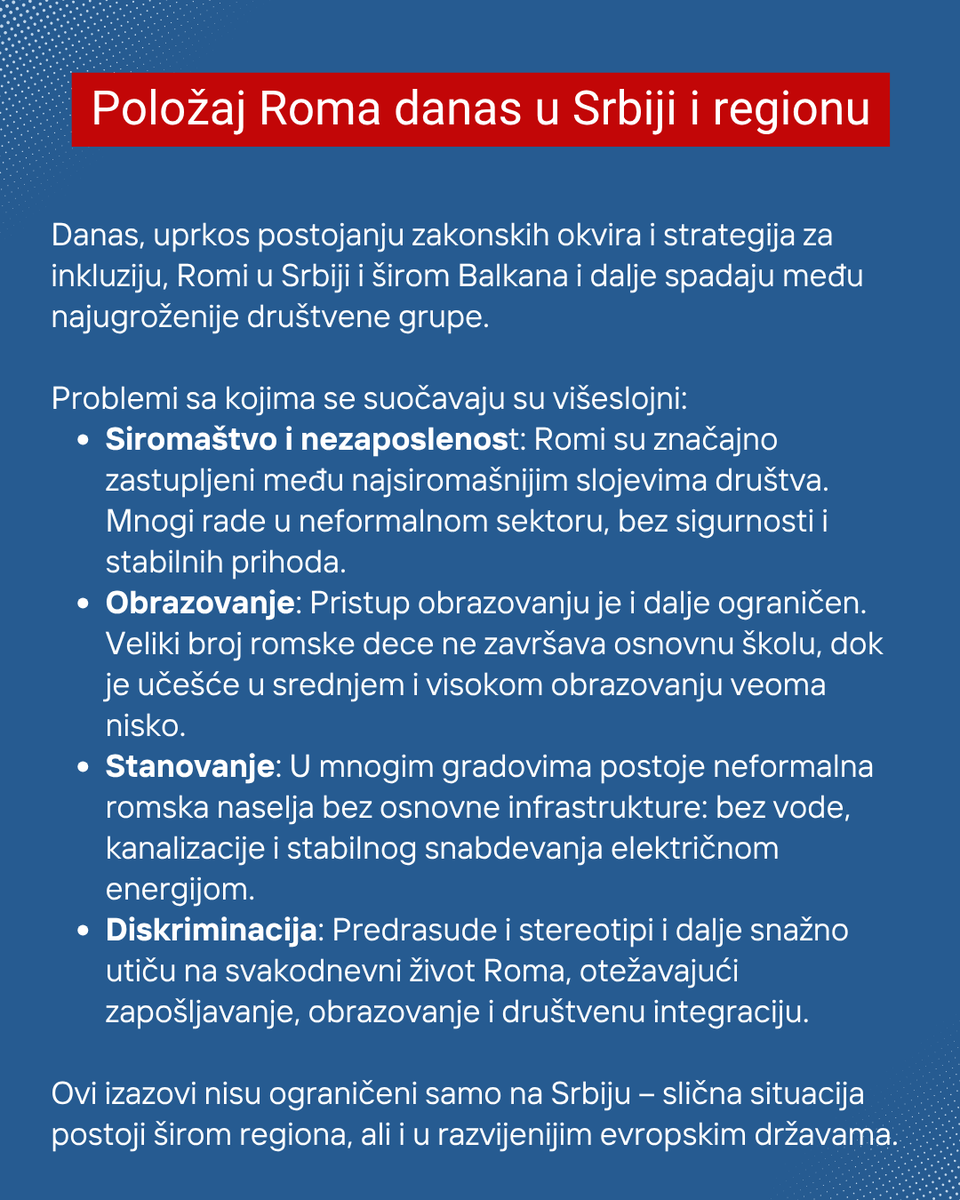 GradjanskiCenSr's tweet photo. 8. april – Međunarodni dan Roma.
Podsećanje na istorijsko stradanje, ali i današnje izazove: siromaštvo, diskriminaciju i nejednakost.
Ravnopravnost mora biti stvarnost, ne samo ideja. ✊
#Romi #8april #LjudskaPrava #Jednakost #gcs https://t.co/Rz0S2LqSe7