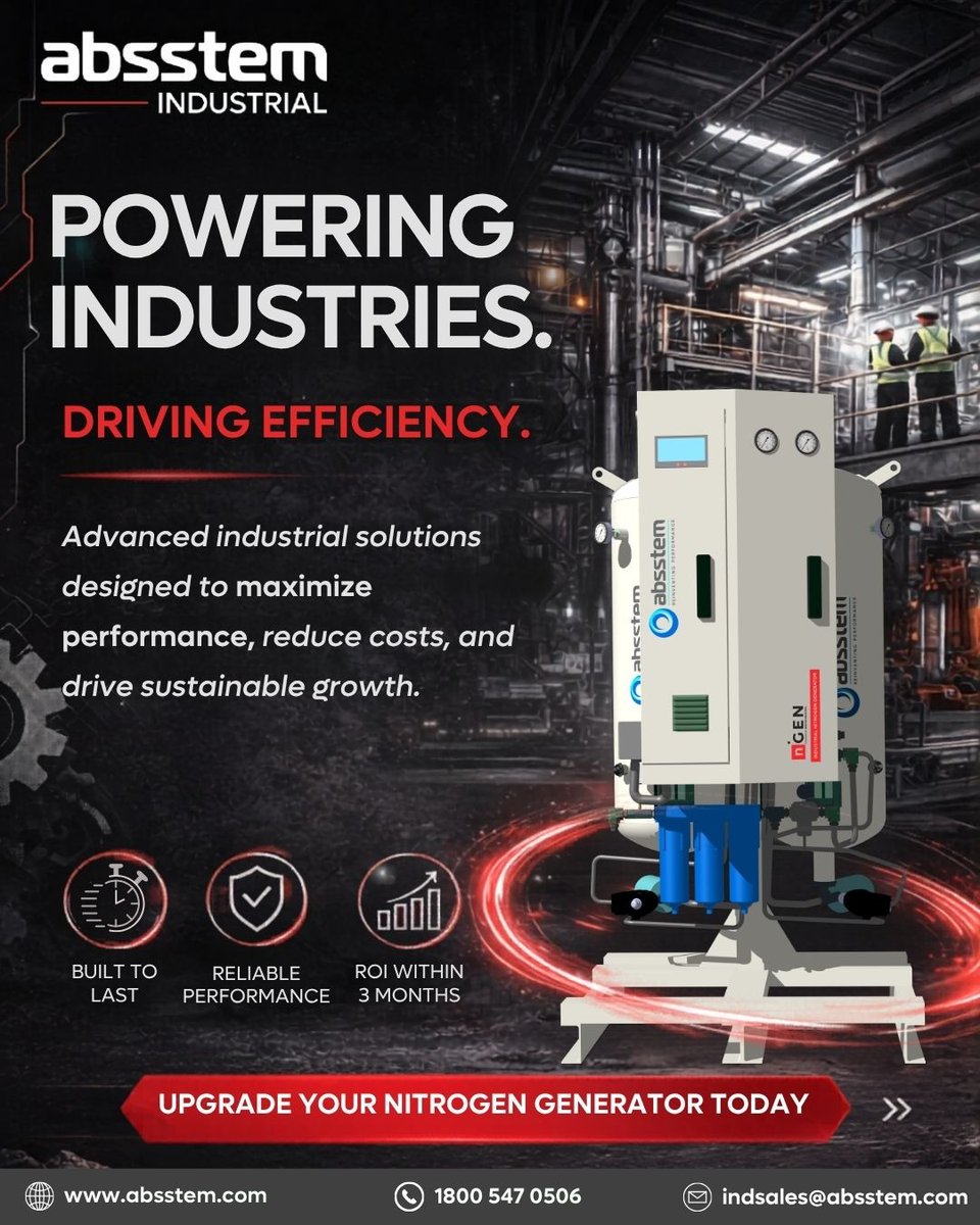 absstem's tweet photo. Driving industrial excellence through advanced, efficient, and reliable solutions.
Upgrade your nitrogen generation systems to enhance performance, optimize costs, and support sustainable, long-term growth.

#AbsstemShield #SmartMaintenance #PSAGenerators #IndustrialReliability https://t.co/PdglsrAC71