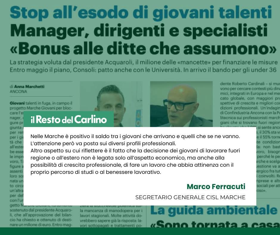 cislmarche's tweet photo. Stop all’esodo di giovani talenti. Manager, dirigenti e specialisti: "Bonus alle ditte che assumono".
#CISLMarche sta preparando, col contributo scientifico della @UnivPoliMarche, uno studio specifico per capire la consistenza del fenomeno della fuga dei talenti dalle Marche. https://t.co/BgJGFeSMDR