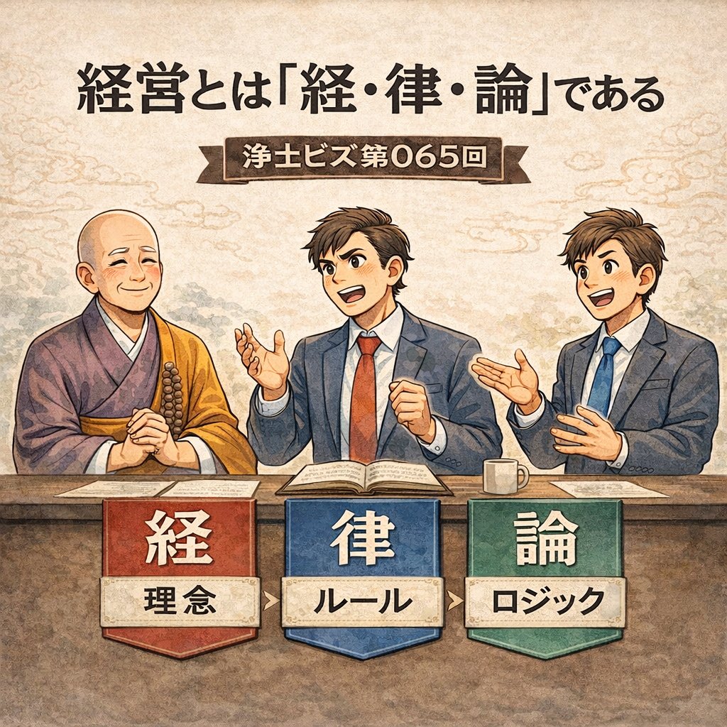kodankobo's tweet photo. 【#浄土ビズ 第65廻】
「経営」って、仏教由来らしいです。

理念（経）
ルール（律）
ロジック（論）

この3つが揃って初めて“回る”。

Spotify
https://t.co/KDkDjDnbD1
Apple
https://t.co/p7d8IJE66z
@match_an
@masami0m 
#浄土ビズ #鋼談工房 #鋼房 https://t.co/ufLETZ9SqD