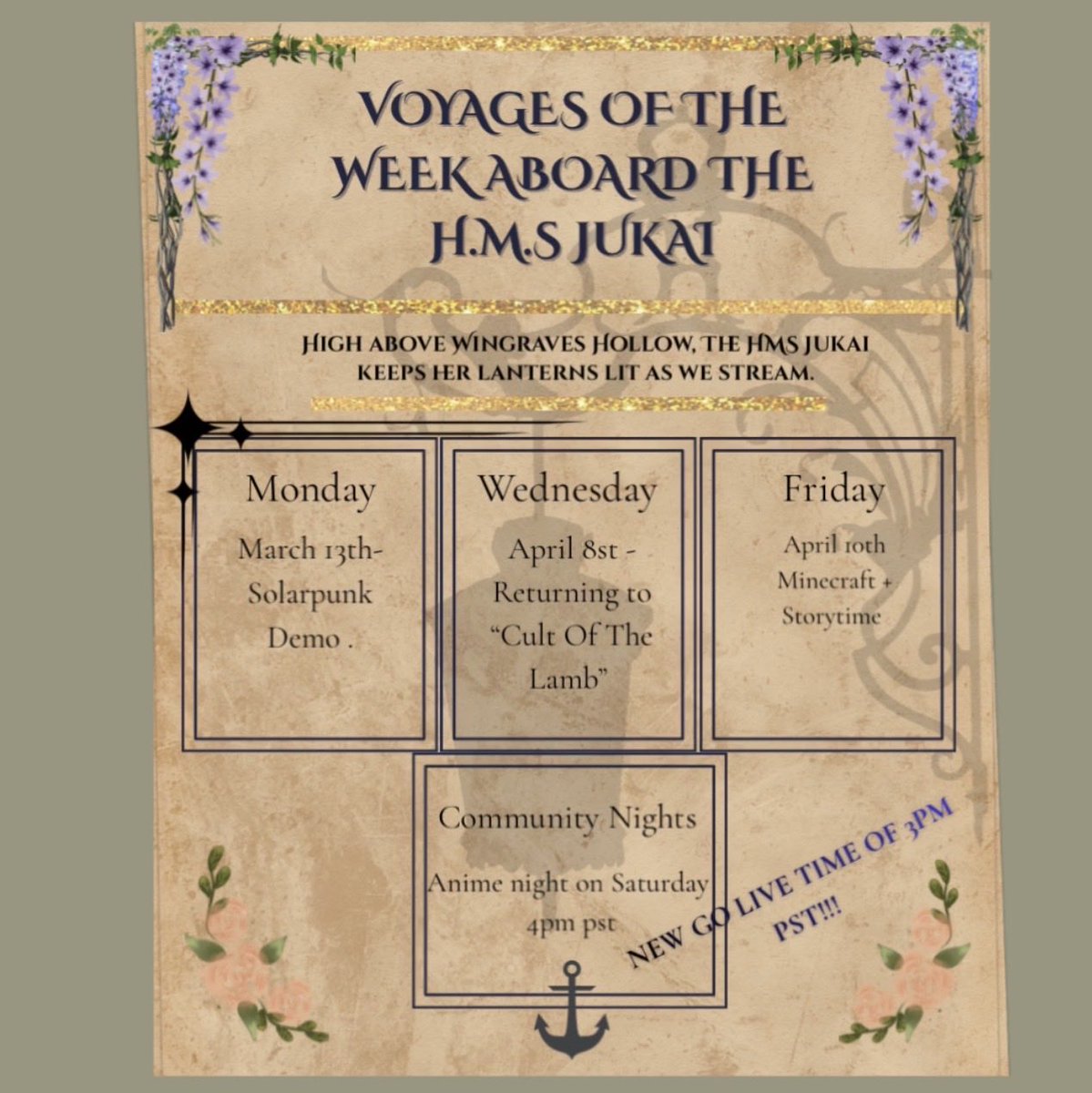 IgnitusWingrave's tweet photo. Voyages this week aboard the HMS Jukai
Mon Solarpunk Demo
Wed Cult of the Lamb
Fri Minecraft and Storytime
Sat Anime Night at 4pm PST
New go live time 3pm PST
#CaptainIgnitus #CozyCrew #VarietyStreamer https://t.co/TCQJNTsDAt