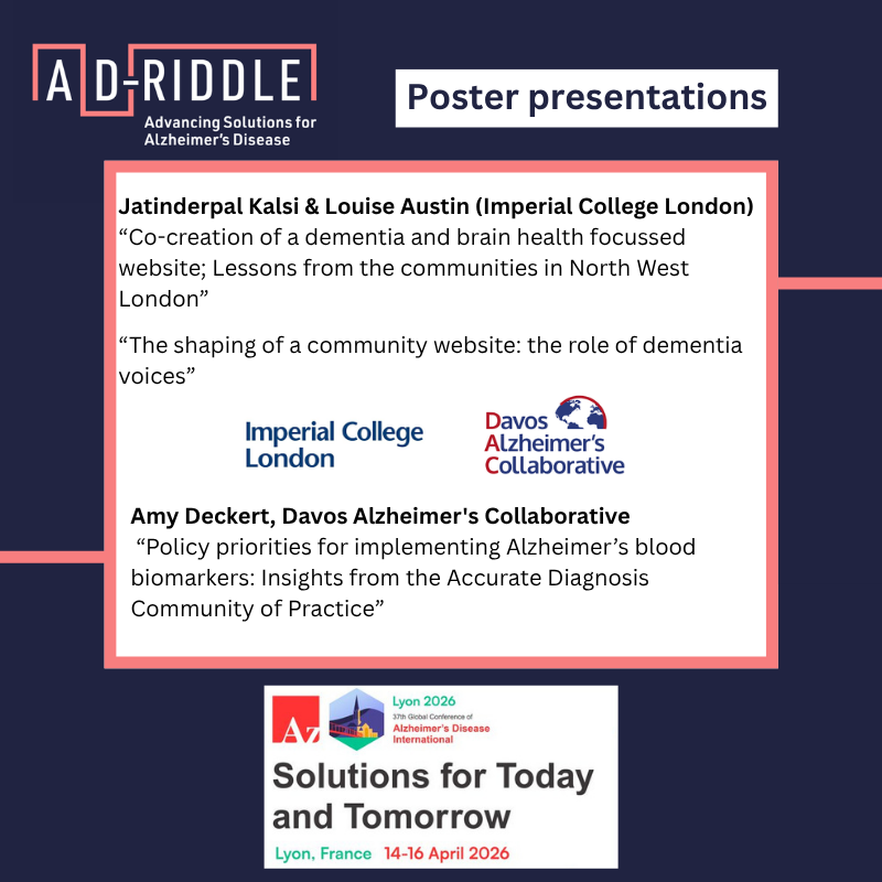 AD_RIDDLE's tweet photo. Day 1 at the #ADI2026 Conference is officially underway in Lyon🇫🇷

📣Don’t miss our symposium on Thursday “Early detection of Alzheimer’s disease: perspectives on policy and practice from the @AD_RIDDLE project”

We’re also presenting a series of posters!

https://t.co/eSAVW87jAI https://t.co/nTPMMqkZE3