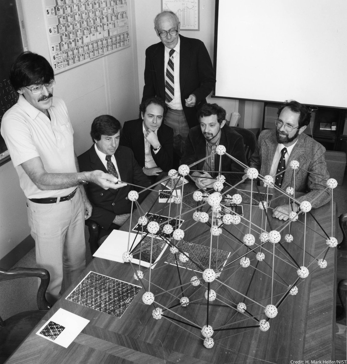 NobelPrize's tweet image. On this day in 1982 Nobel Prize laureate Dan Shechtman (pictured left) discovered a crystal with 5-fold symmetry - a form that was thought to be impossible. His new crystals, called quasicrystals, caused uproar, and eventually textbooks had to be rewritten across the globe.