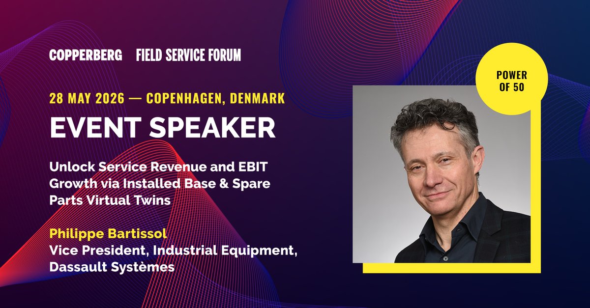 CopperbergAB's tweet image. Excited to welcome Philippe Bartissol (Dassault Systèmes) to the #FieldServiceForum 2026 - Power of 50 stage! Hear how virtual twins of installed base &amp;amp; #spareparts drive #service revenue and EBIT growth. 

👉 Only 50 seats: bit.ly/fs26-50 

#manufacturing #fieldservice