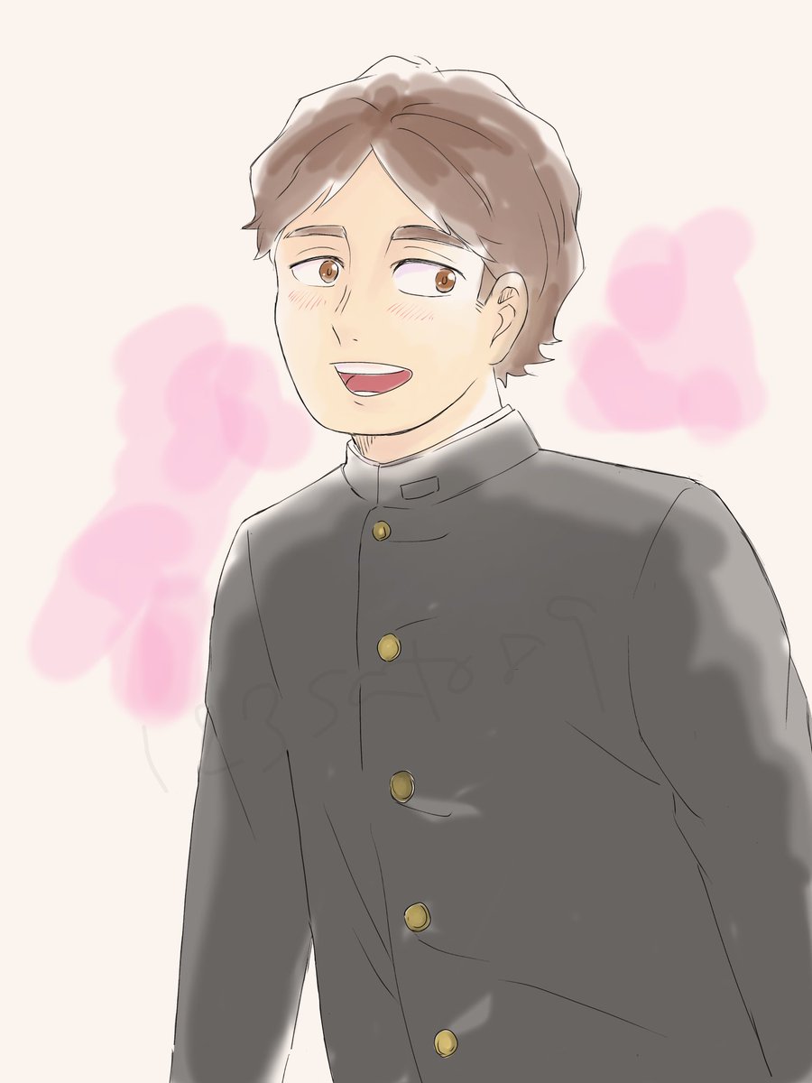 ぴかぴかの高校1年生旭くん🌸
入学式の時期だなって思ったら描きたくなった！

1年に背の高いやつがいるぞ！ってバスケ部
に狙われてそう😂
あまりバレー部は勧誘活動してなさそうだけど、田代くんくらいは声掛けに行ったかなー？😁