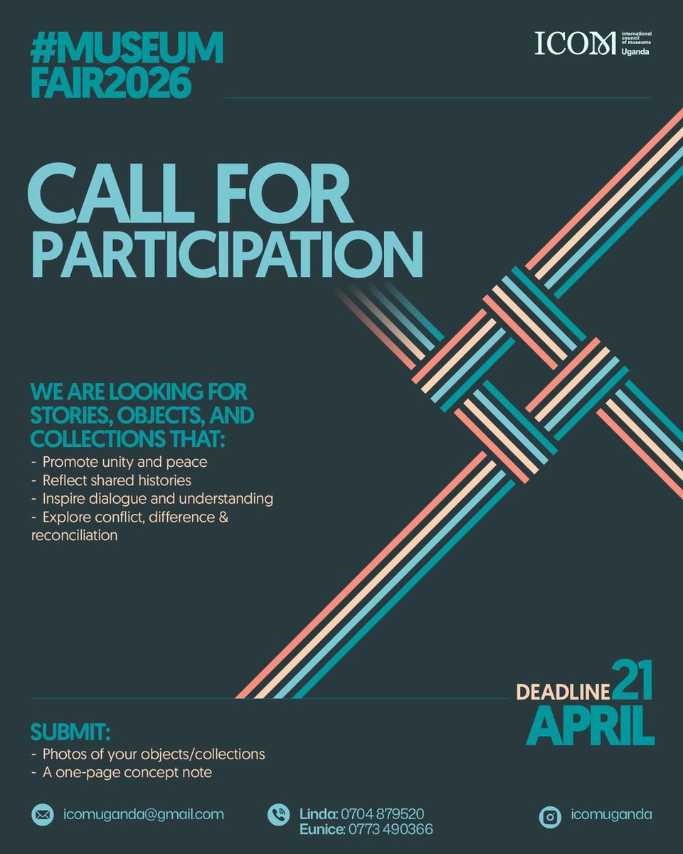 icomuganda's tweet photo. Celebrate Museums this May.
ICOM Uganda invites your museum to participate in the 2nd Museum Fair, aligned with International Museum Day 2026 theme: “Museums Uniting a Divided World.”

Let’s highlight how museums build unity, foster social cohesion.
#Israël #paredãobbb https://t.co/DggrXDhqsa