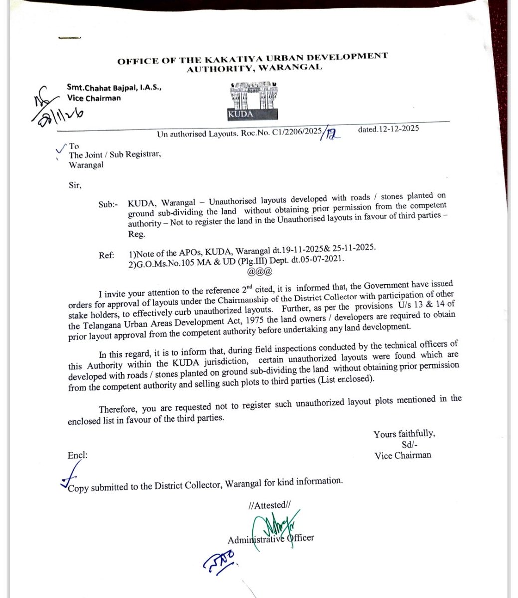 EVenkatReddy's tweet image. Unauthorised layouts blocked in registration office...to stop registrations.... request public not to encourage this kind of layouts in the interest of the govt .This unauthorised layouts make a dent in the revenue generation of the govt.
#layouts
#warangal
@AapannaHastham