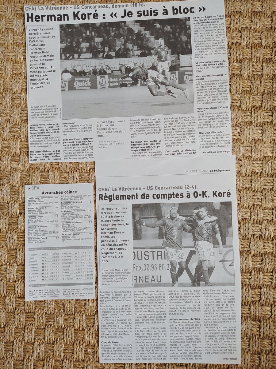 2nivergos's tweet image. En avril 2012, en #CFA (#N2), Herman #Kore avait promis de marquer 2 buts pour les #Thoniers de #Concarneau à #Vitre et il en avait mis 3.
Du début des années 2000 à la montée en #Ligue2 en 2023 retrouvez ici chaque jour une archive @TelegrammeSport sur @USConcarneau
#NationalFFF