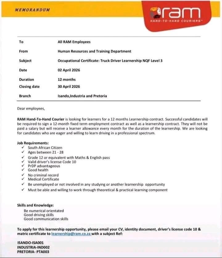 📢 LEARNERSHIP OPPORTUNITY – Occupational Certificate: Truck Driver

RAM is offering an Occupational Certificate: Truck Driver Learnership for qualifying candidates.

📍 Branches:
• Isando
• Industria
• Pretoria

📄 Required documents:
• Updated CV
• Certified copy of ID
•