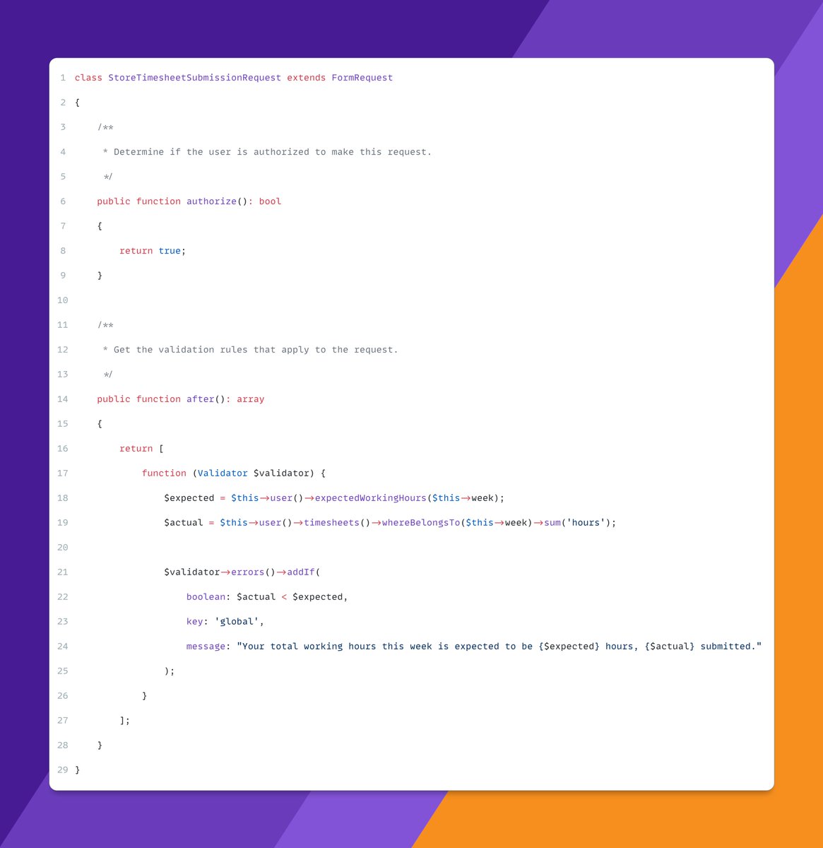 _newtonjob's tweet photo. FormRequests do not always need a `rules()` method.

Sometimes you just want to extract one custom validation logic away from the controller.

All you need is the `after()` method. https://t.co/VMZpbk0GY5