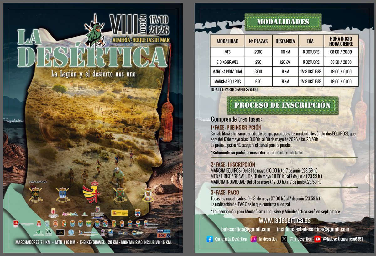 Os dejamos las fechas de preinscripción, inscripción y número de plazas para la VIII edición de "LA DESÉRTICA".

Como novedad para este año:

-¡SOLAMENTE SE PODRÁ PREINSCRIBIR EN UNA SOLA MODALIDAD!

-¡LA INSCRIPCIÓN PARA MONTAÑISMO INCLUSIVO Y MINIDESÉRTICA SERÁ EN SEPTIEMBRE!