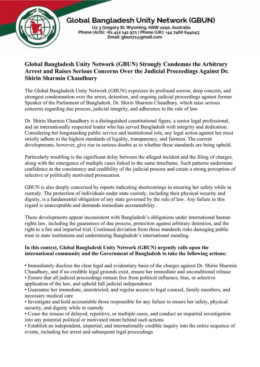 gbun71's tweet photo. GBUN strongly condemns the arbitrary arrest and judicial proceedings against Dr. Shirin Sharmin Chaudhury.Justice must be fair, transparent, and free from political influence.
 The international community must take notice.
#Justice #RuleOfLaw #UN #Commonwealth https://t.co/aHRLIXBQJi