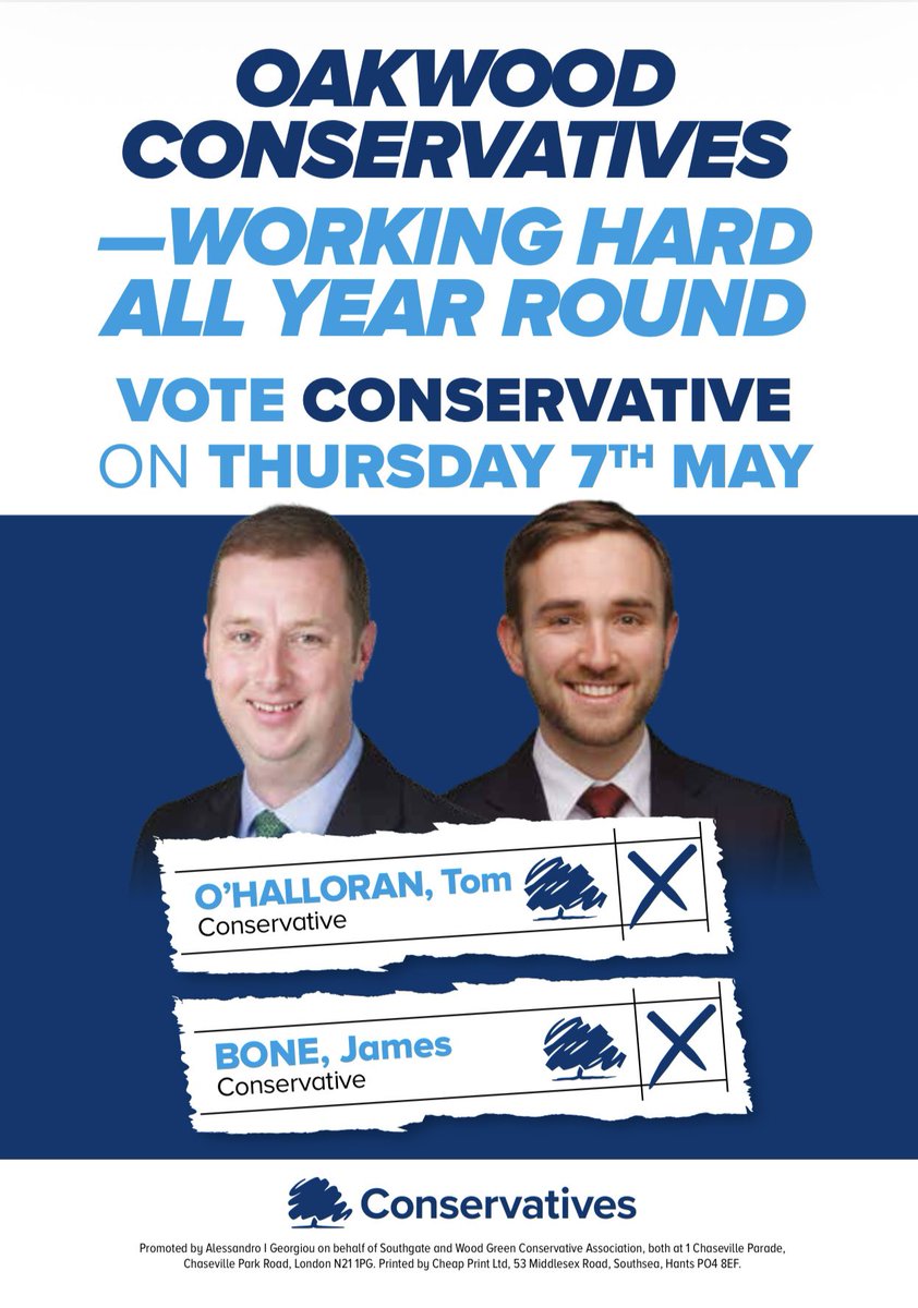 Vote for Tom O’Halloran and James Bone for Oakwood 🌳 on 7th May 🗳️