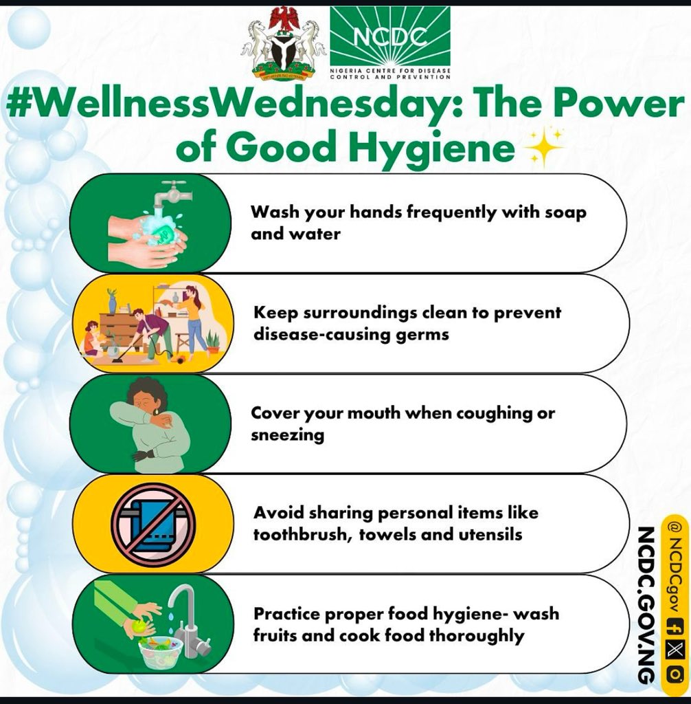 NCDCgov's tweet image. #WellnessWednesday: The Power of Good Hygiene 🧼✨

Did you know that simple hygiene habits can prevent the spread of diseases like Mpox, Lassa fever, cholera, and measles?

🛡️ Protect yourself &amp;amp; others with these easy steps:
✅ Wash your hands frequently with soap and water
✅