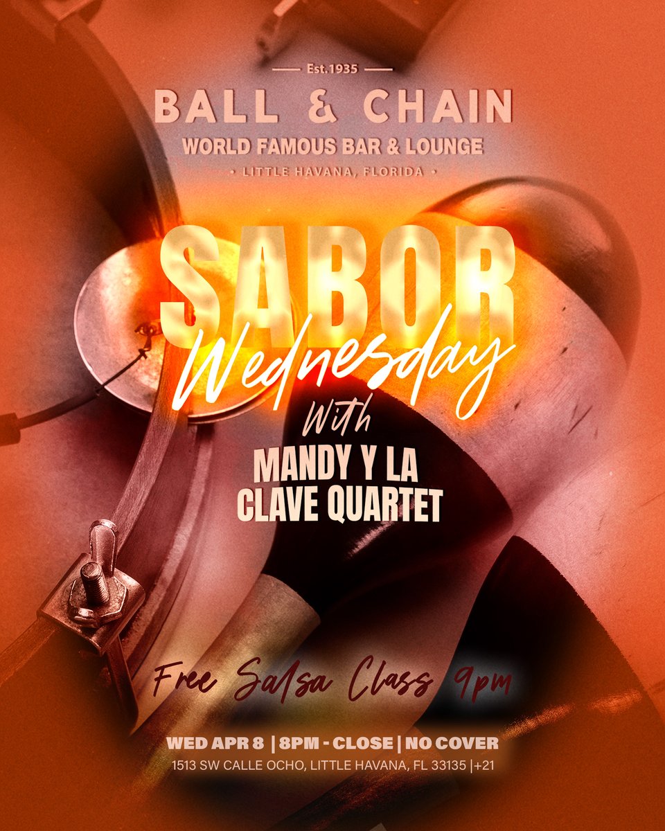 BallAndChainBar's tweet photo. TODAY: #LiveMusic noon to 9 p.m., #HappyHour 4 to 7, #Karaoke 6 to 9, then #SaborWednesday with the Mandy y La Clave Quartet + a FREE #SalsaClass, 9
TOMORROW: #SalsaNight ft. @DJElRusso, 8 and a FREE #SalsaLesson, 9
#supportlocal https://t.co/kBdwIKRQzT
ππ https://t.co/XPbIf4m4c4