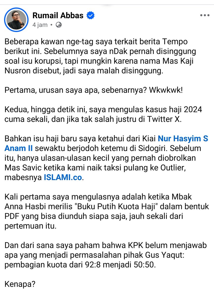 AfifFuadS's tweet photo. Tulisan menarik dari Kyai Rumail Abbas soal kasus Gus Yaqut. 
Analogi sederhananya bagus 👇 https://t.co/TRezq9h9fT