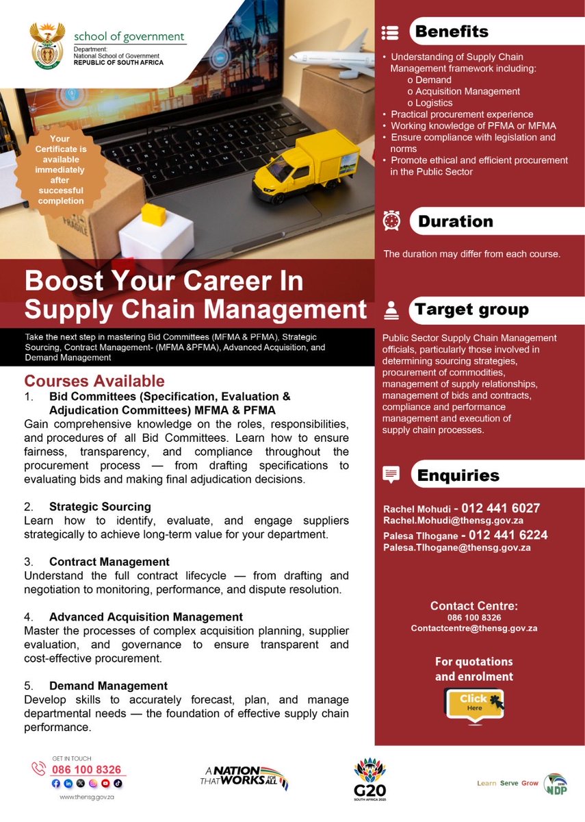 thensgZA's tweet image. Advance your public sector procurement skills with our Supply Chain Management courses.

Enrol here: study.mynsg.thensg.gov.za/mynsgquoterequ…

#SCM #LearnServeGrow  #TheNSG