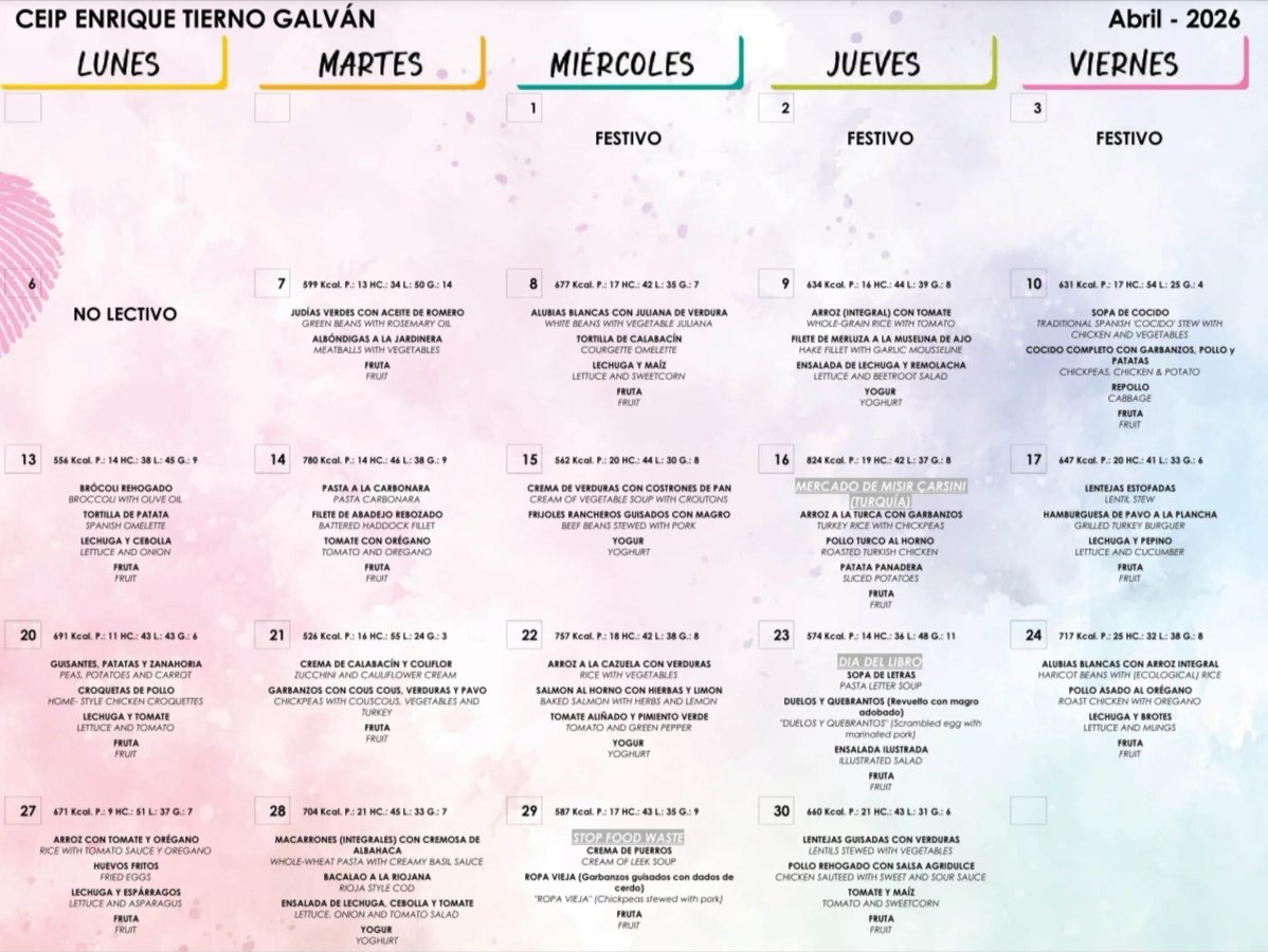 AmpaGalvan's tweet photo. Menú del comedor del mes de  Abril '26 🍽️

(Os recordamos que también lo podéis descargar en la web del cole, donde encontraréis también todos los diferentes menús para alérgicos) https://t.co/aJn8MUFunN