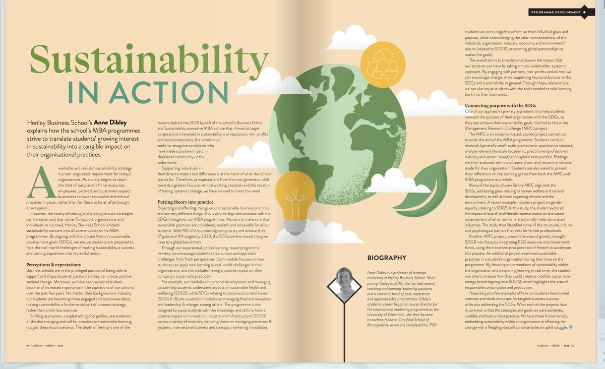 Assoc_of_MBAs's tweet photo. A workable #sustainability strategy is essential for today’s organisations. Henley Business School’s Anne Dibley shares how their MBA programmes help students turn their passion for sustainability into real impact at work. Read more: https://t.co/9nzLpPyDgc https://t.co/NDD8rV2urW