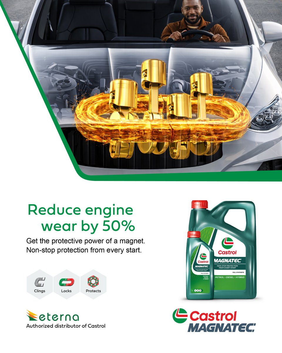 EternaIndLtd's tweet photo. Traffic. Heat. Stop & go.
Your engine feels it. MAGNATEC clings, locks, protects from start.
Non-stop protection. Every start.
Visit an Eterna station or authorized distributor to get yours today.
#CastrolMAGNATEC #MAGNATEC #Protection #Eternalubes #EternaIndustries https://t.co/E12etoX8Ki