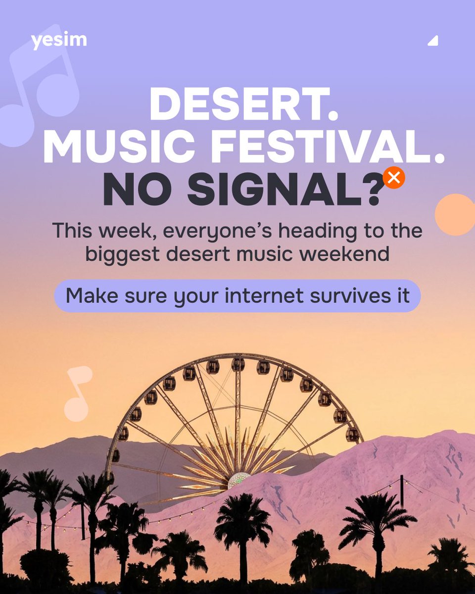 Yesim_app's tweet photo. Festival looks amazing… until the signal disappears 🌵📵

No texts. No uploads. No ride home.

If you’re heading to the US this week, set up Yesim eSIM in advance.
Unlimited data from €1.44.

Stay online when it matters.

#FestivalSeason #StayConnected #eSIM https://t.co/vQf3ozsK32